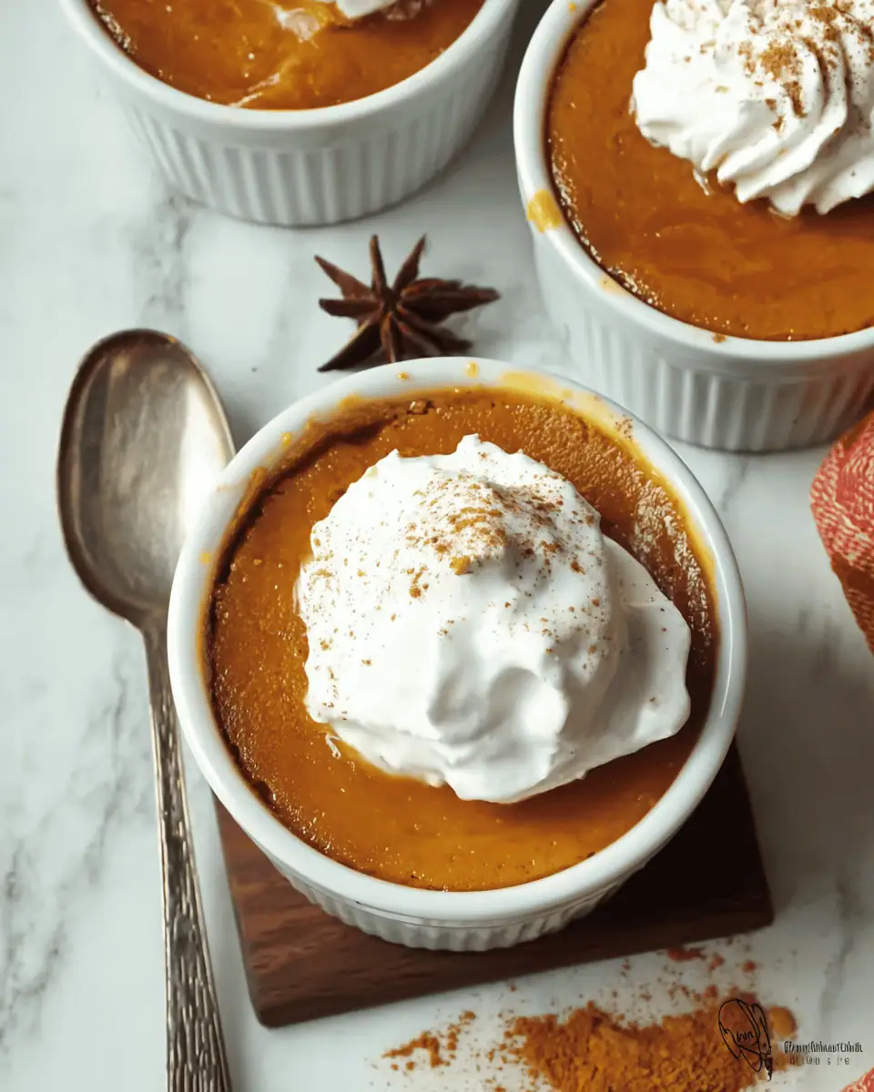 Easy Mini Crustless Pumpkin Pies (Silky Custard!) 2 A platter of several mini crustless pumpkin pies, garnished with whipped cream and a dusting of cinnamon.