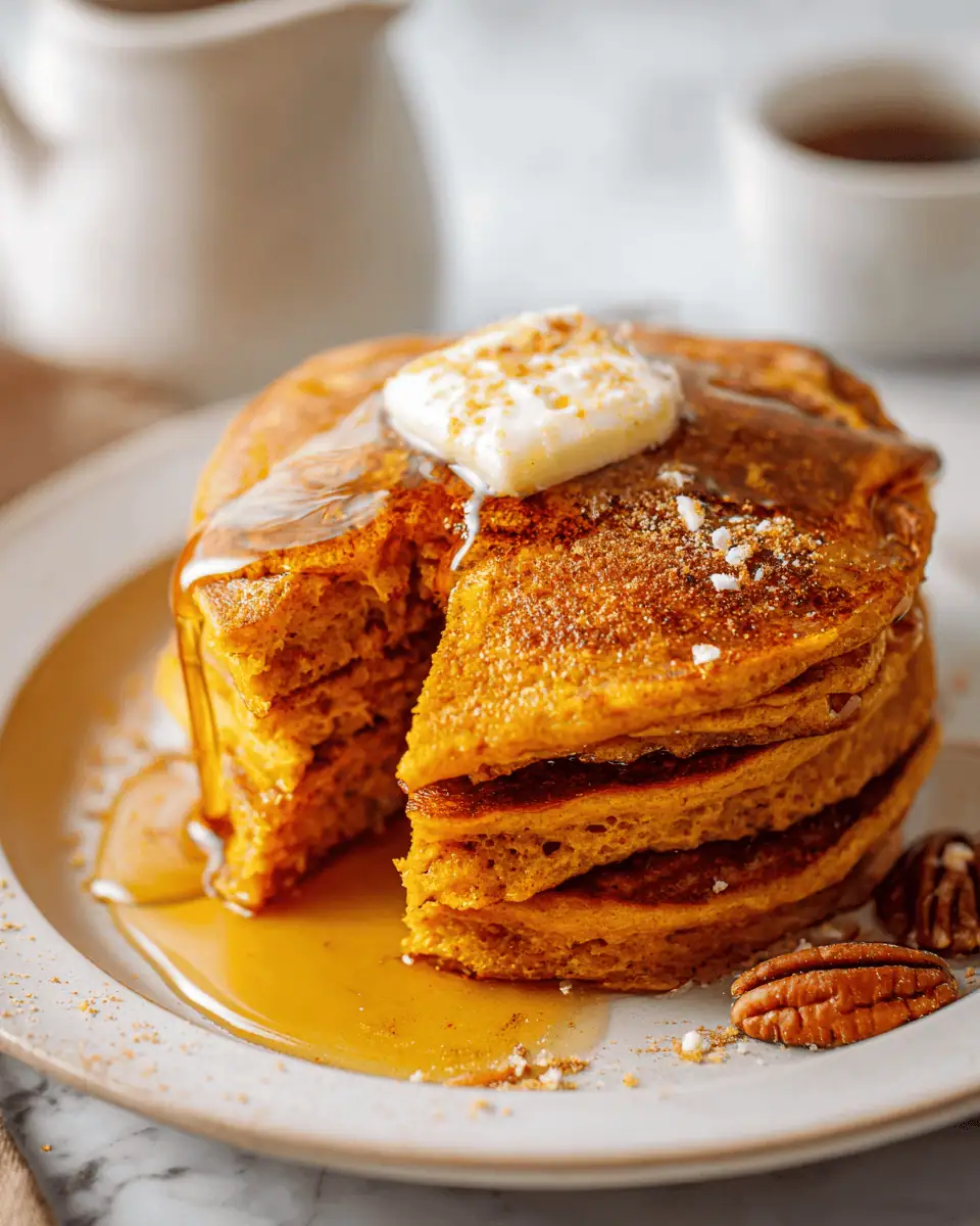 The Best Fluffy Pumpkin Pancakes (Easy Recipe!) 2 A plate of pumpkin pancakes topped with a melting pat of butter and a dusting of powdered sugar.