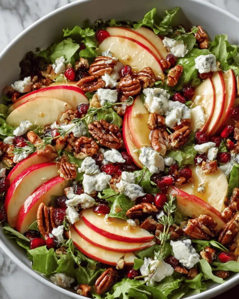 Autumn Harvest Apple Feta Salad (with Honey-Cider Vinaigrette) 2 Overhead view of the finished apple feta salad on a dark platter, ready to be served.