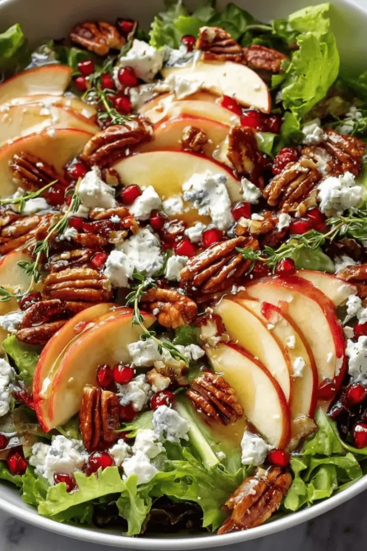 Autumn Harvest Apple Feta Salad (with Honey-Cider Vinaigrette) 11 A large wooden bowl filled with the autumn apple feta salad, showing greens, apples, and pecans.