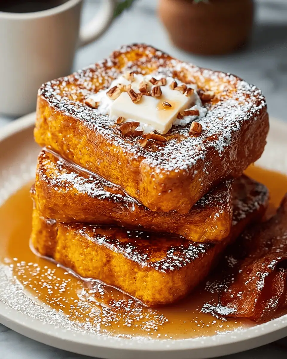 Easy Pumpkin French Toast (The Perfect Fall Breakfast!) 3 A close-up of a fork taking a bite of pumpkin French toast, showing the moist, orange-tinted custardy interior.