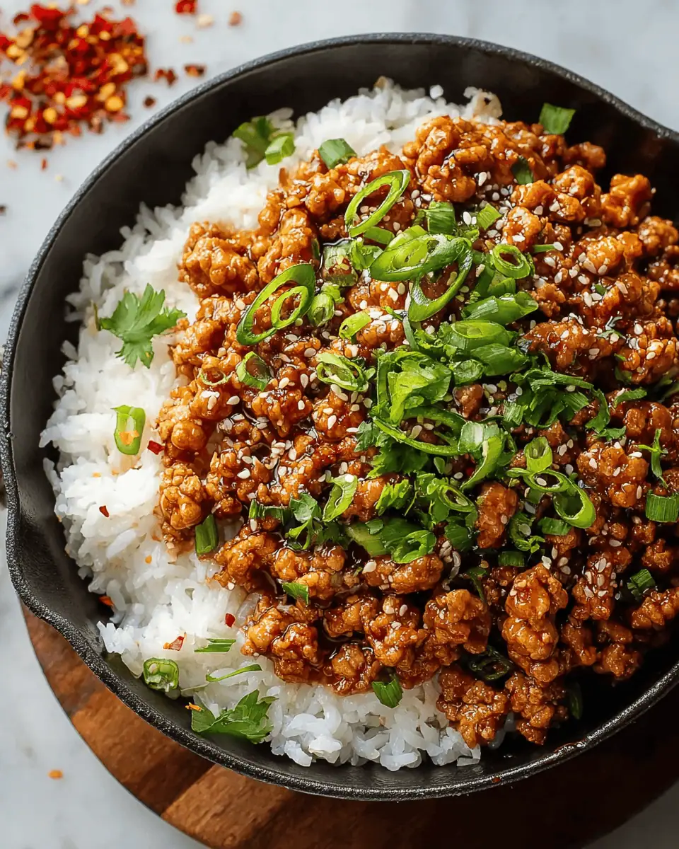 A white bowl of honey garlic ground turkey served over fluffy white rice and topped with sesame seeds.