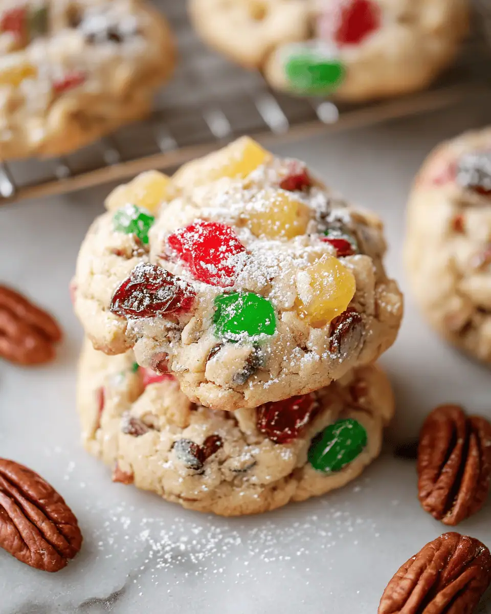 Easy Christmas Fruitcake Cookies (Chewy & Festive!) 1 A close-up of a single fruitcake cookie, showing the baked pecans and colorful candied fruit.