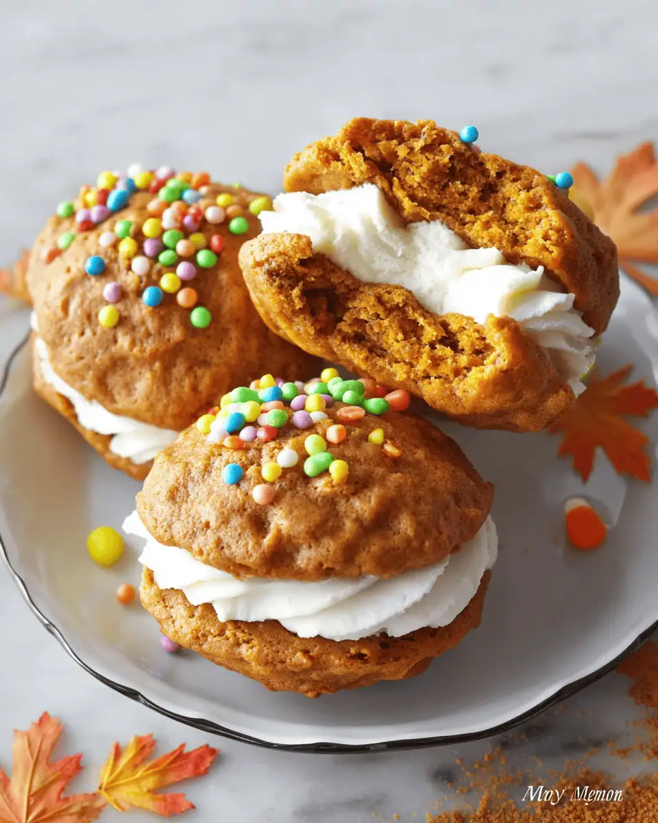 A single pumpkin whoopie pie with a bite taken out, revealing the soft, orange, cakey cookie.