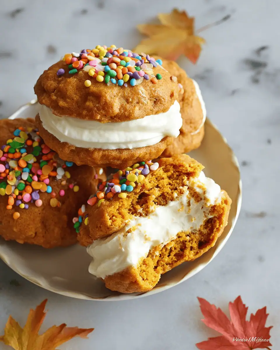 A holiday platter of pumpkin whoopie pies, decorated with orange and yellow fall sprinkles.
