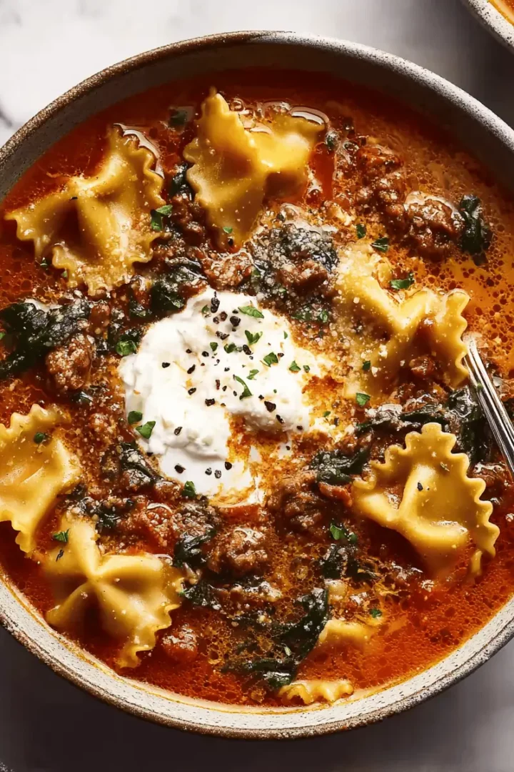 Mouthwatering One Pot Lasagna Soup (Easy 45-Min Meal!) 39 A close-up of a spoon lifting a cheesy bite of lasagna soup from a bowl, showing a long mozzarella cheese-pull.