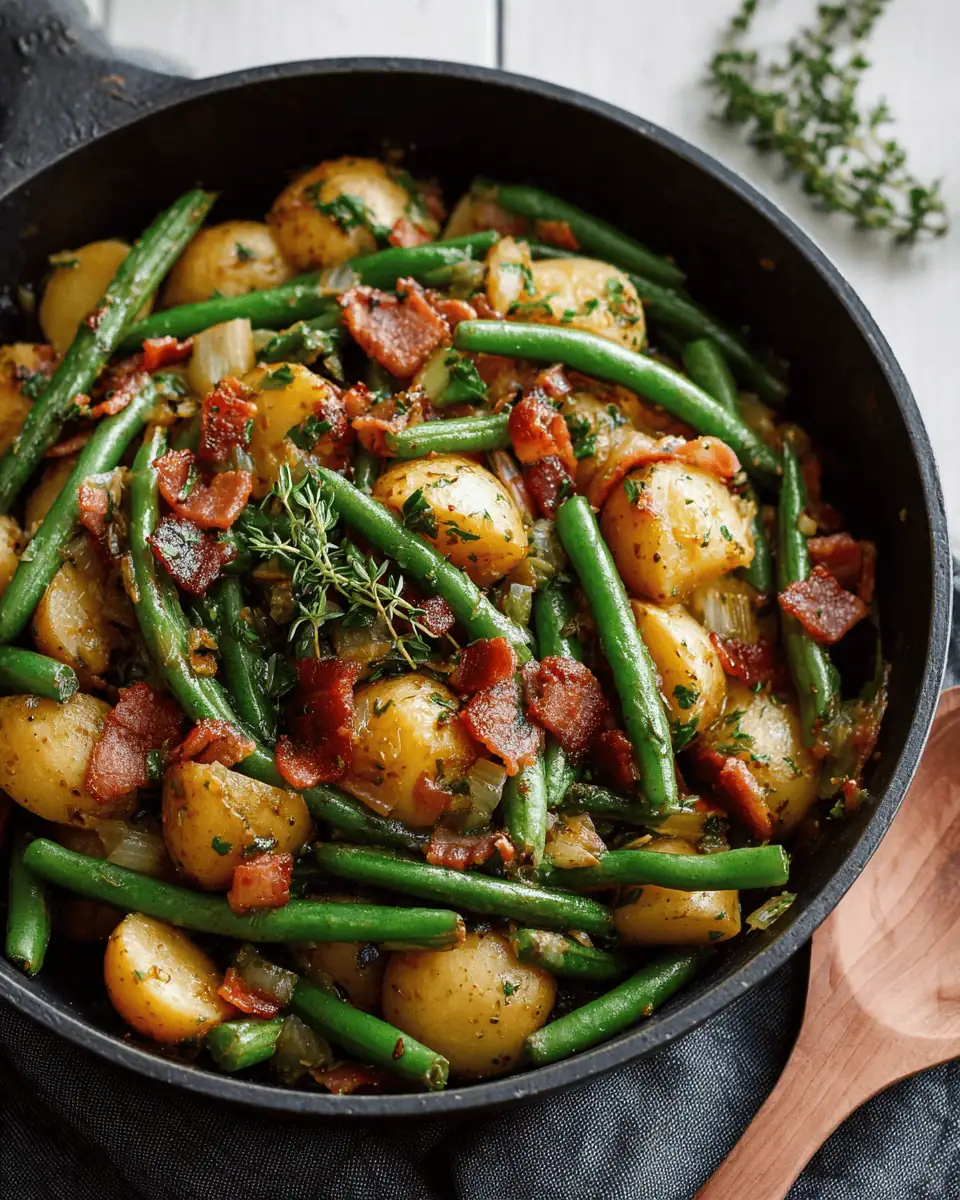 A cast-iron skillet filled with tender country-style ranch green beans and potatoes, topped with crispy bacon.