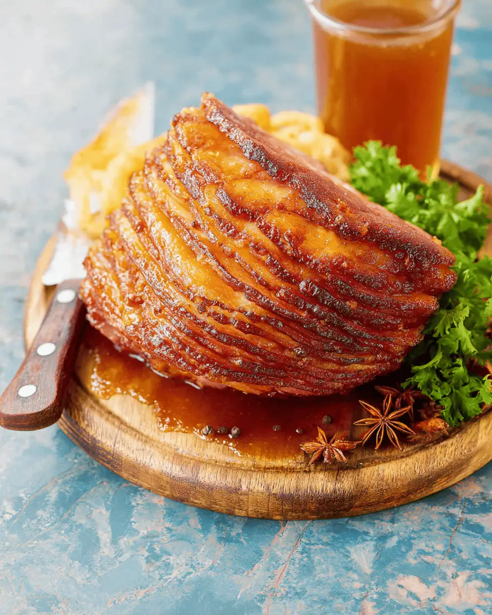Copycat Honey Baked Ham (With Crackly Sugar Crust!) 3 Carving the golden-brown copycat honey baked ham on a wooden cutting board, ready for serving.