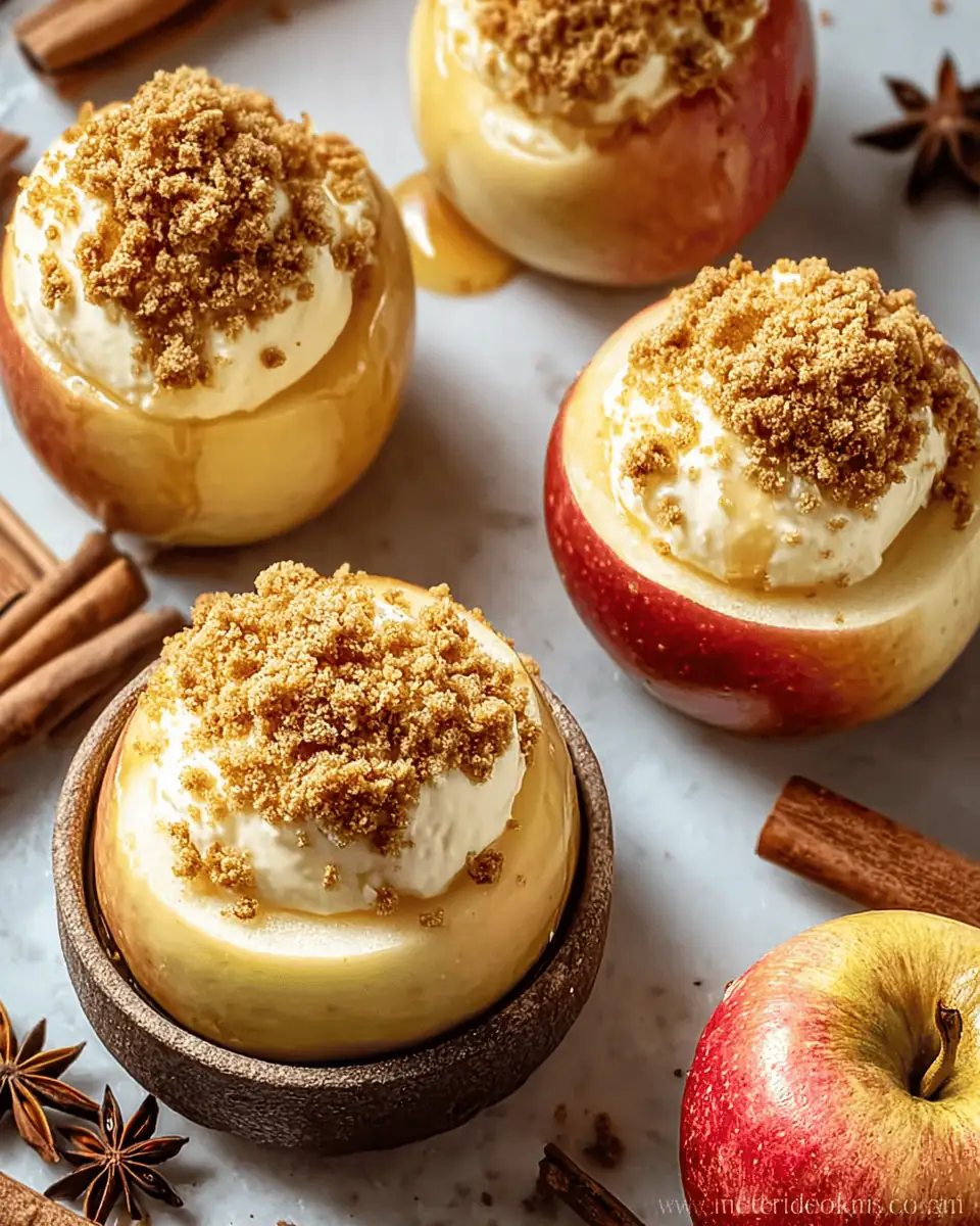 Easy Cheesecake Stuffed Baked Apples (The Perfect Fall Dessert!) 3 A spoon taking a bite from a cheesecake stuffed baked apple, revealing the soft apple and creamy interior.