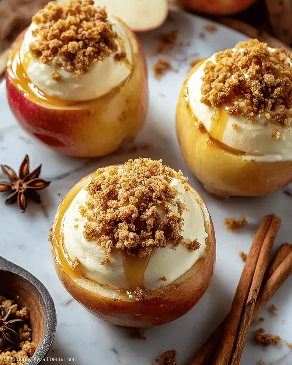 Easy Cheesecake Stuffed Baked Apples (The Perfect Fall Dessert!) 1 Four golden-brown cheesecake stuffed baked apples nestled in a glass baking dish, fresh from the oven.