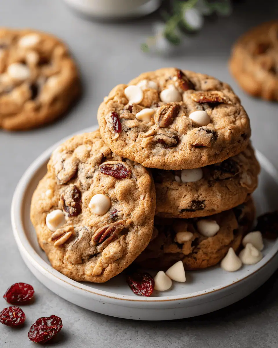 The Best Chewy White Chocolate Cranberry Oatmeal Cookies 4 A single white chocolate cranberry cookie with a bite taken out, showing the soft, chewy, and oaty interior.