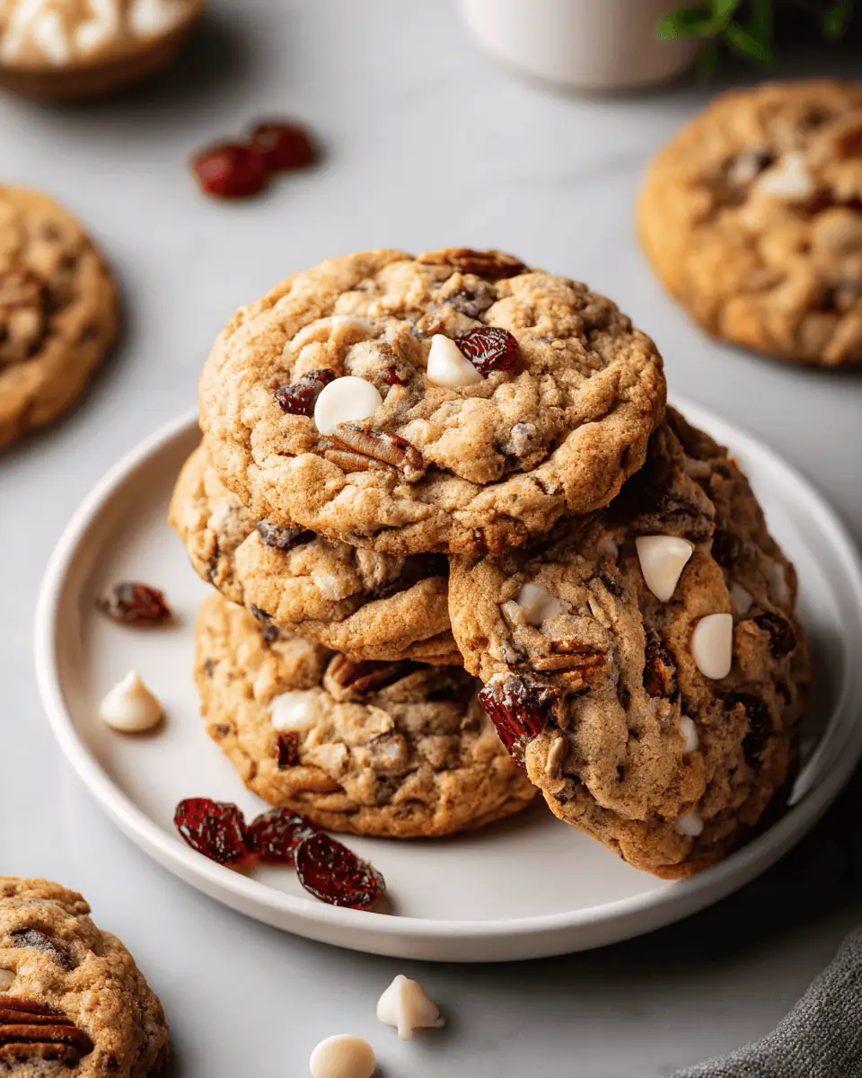 The Best Chewy White Chocolate Cranberry Oatmeal Cookies 3 An overhead shot of the white chocolate cranberry oatmeal cookies cooling on a black wire rack.