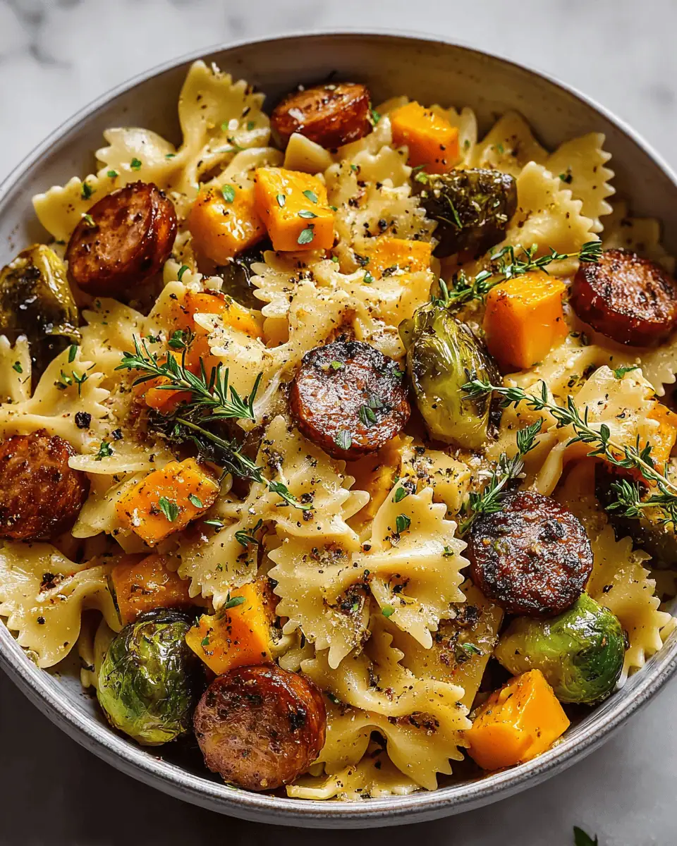 A cast-iron skillet filled with autumn sausage pasta, showing roasted butternut squash, Brussels sprouts, and sausage.