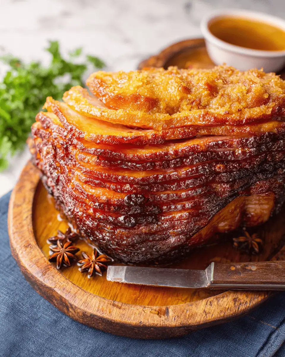 Copycat Honey Baked Ham (With Crackly Sugar Crust!) 2 A close-up of a slice of honey baked ham, showing the juicy meat and the thick, caramelized sugar edge.