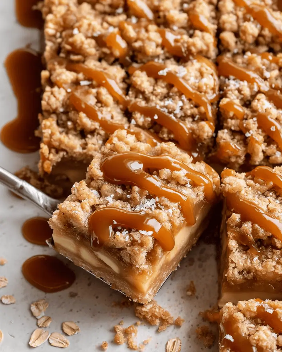 The Ultimate Salted Caramel Apple Crisp Bars (Easy Recipe!) 2 A stack of three salted caramel apple crisp bars, showing the chewy oat crust and jammy apple layer.