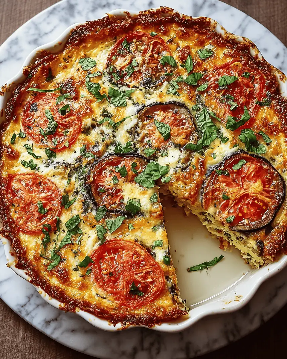 Easy Crustless Tomato and Eggplant Pie (Cheesy!) 2 A fork lifting a bite of the cheesy tomato and eggplant pie from a slice on a plate.