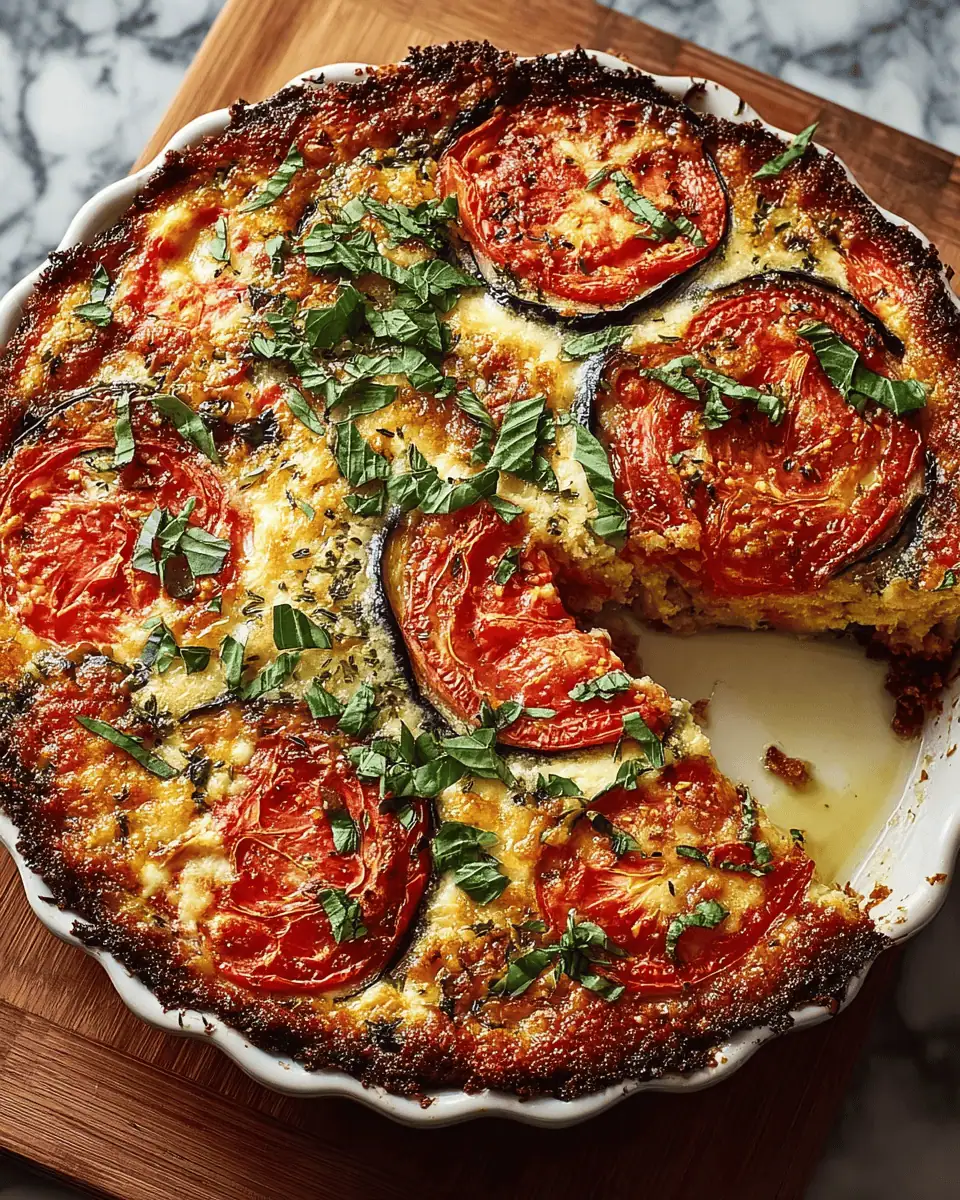 An overhead view of the entire tomato and eggplant pie, garnished with fresh basil leaves.