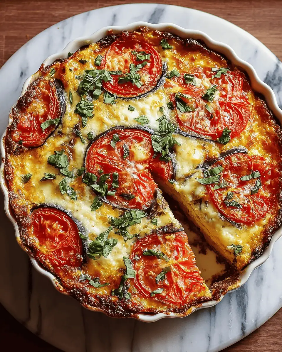 Easy Crustless Tomato and Eggplant Pie (Cheesy!) 3 A golden-brown, cheesy crustless tomato and eggplant pie in a round white baking dish.