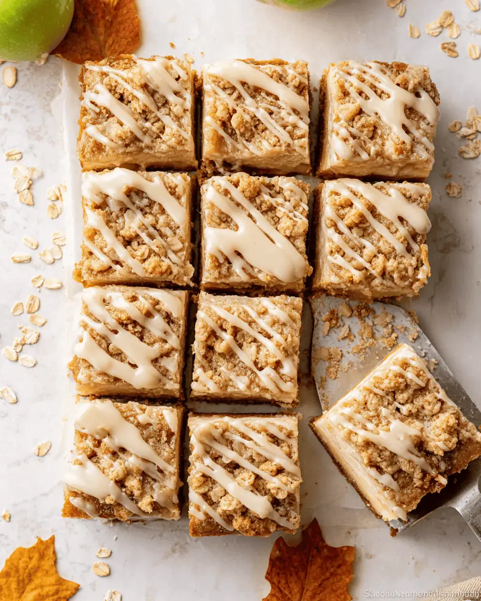 A single, clean-cut apple cheesecake bar on a white plate, showing all four distinct layers.
