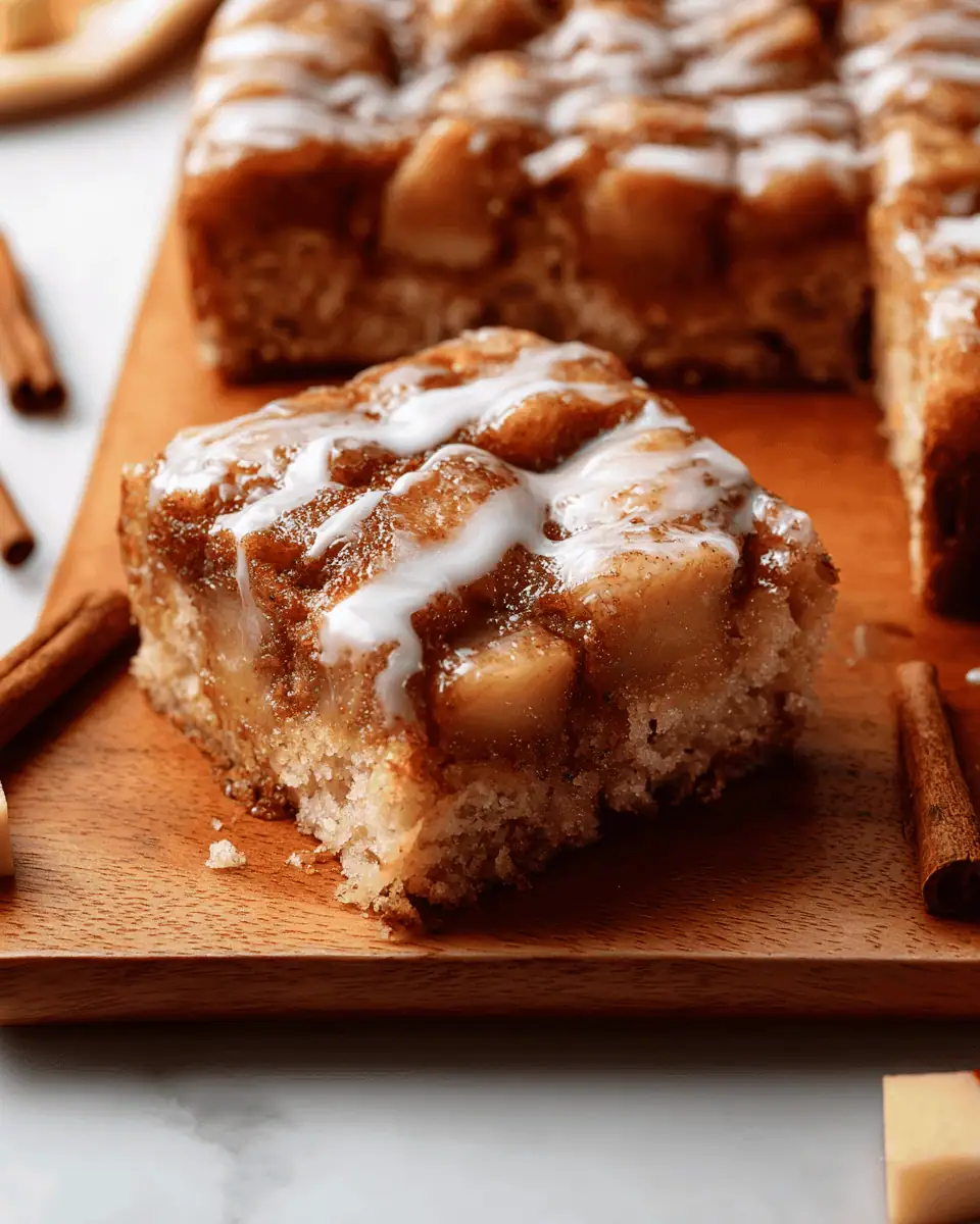A close-up of a fork taking a bite of the moist, gooey apple fritter cake.