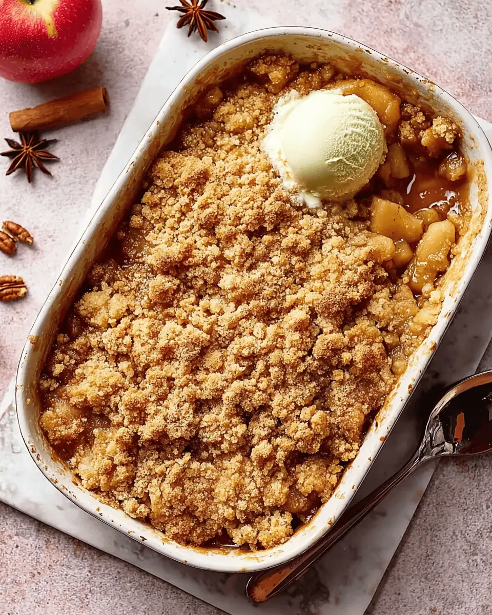 The Best Classic Apple Crumble (Easy Recipe!) 1 A close-up shot of the apple crumble, showing the gooey apple filling and the golden, buttery crumble top.
