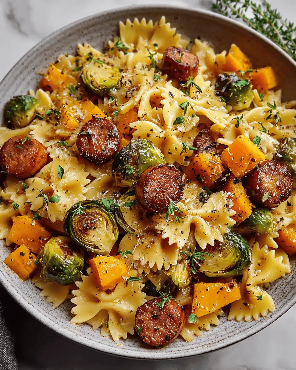 An overhead view of the pasta skillet, with roasted vegetables and sausage mixed with farfalle.