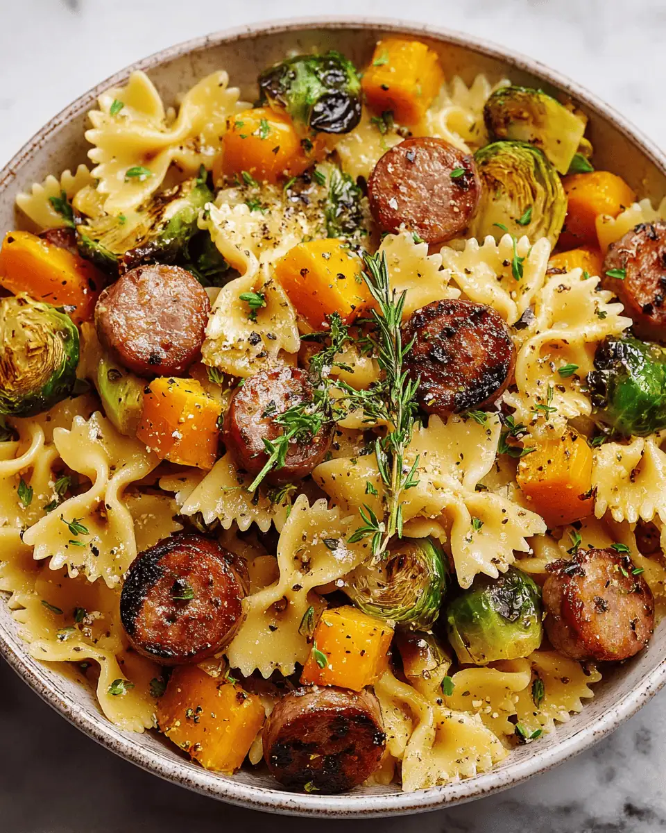 A close-up shot of the autumn sausage pasta, highlighting the crispy Brussels sprouts and bow tie pasta.