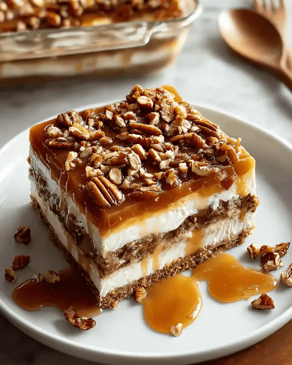 Perfect No-Bake Pecan Pie Lasagna (Easy Holiday Dessert!) 1 A fork lifting a bite of pecan pie lasagna, highlighting the gooey pecan filling and creamy layers.
