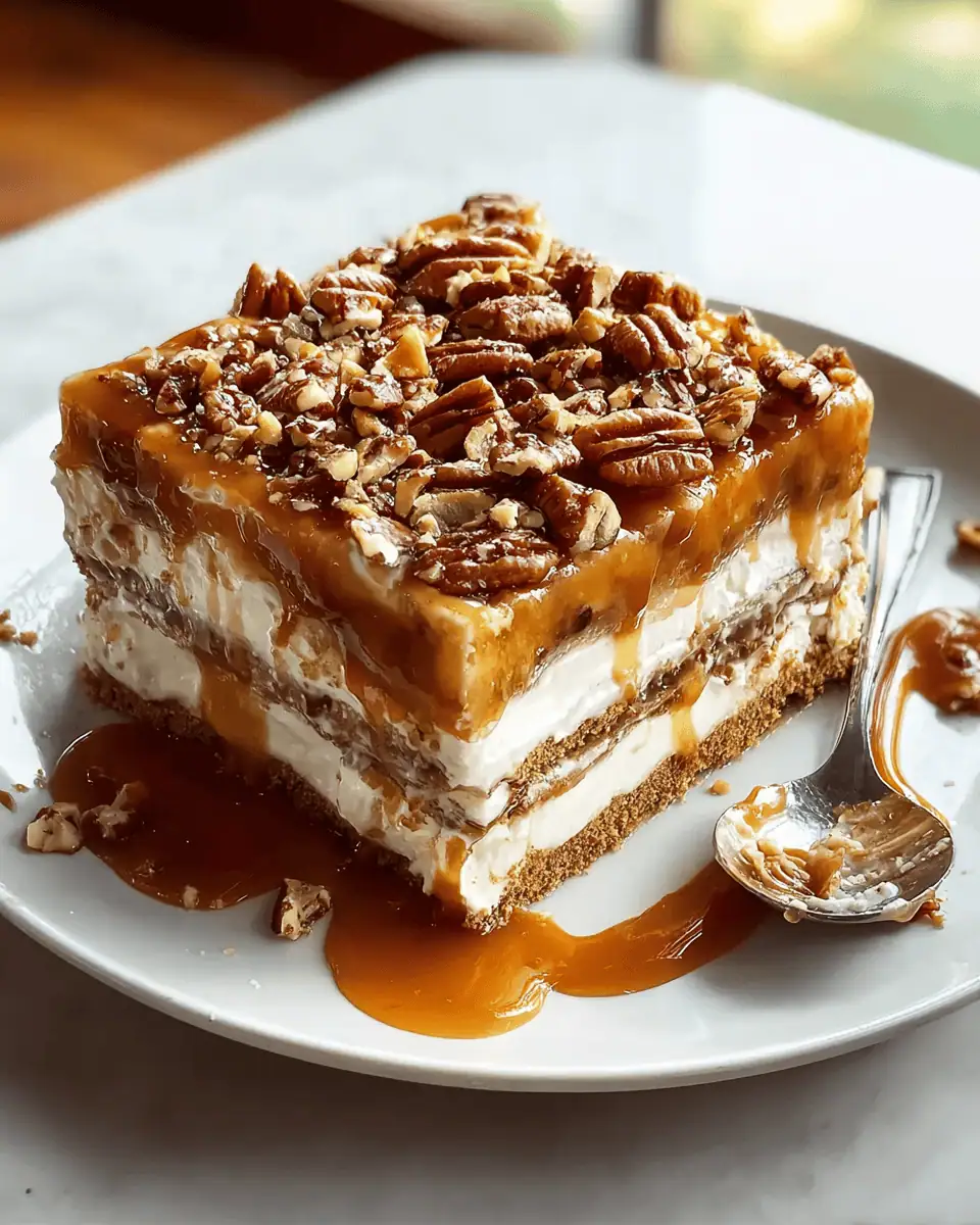 Perfect No-Bake Pecan Pie Lasagna (Easy Holiday Dessert!) 2 An overhead shot of the entire pecan pie lasagna, cut into squares in its dish.