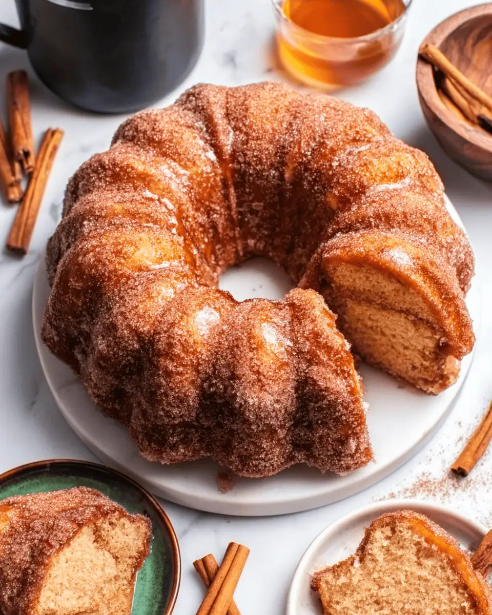 A slice of apple cider doughnut cake on a plate, next to a white mug of hot coffee.