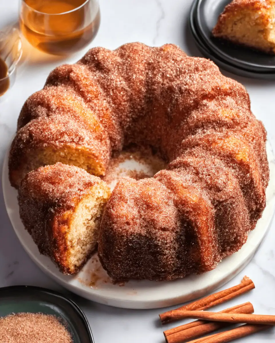 An overhead shot of the entire apple cider doughnut cake on a cooling rack, showing the Bundt shape.