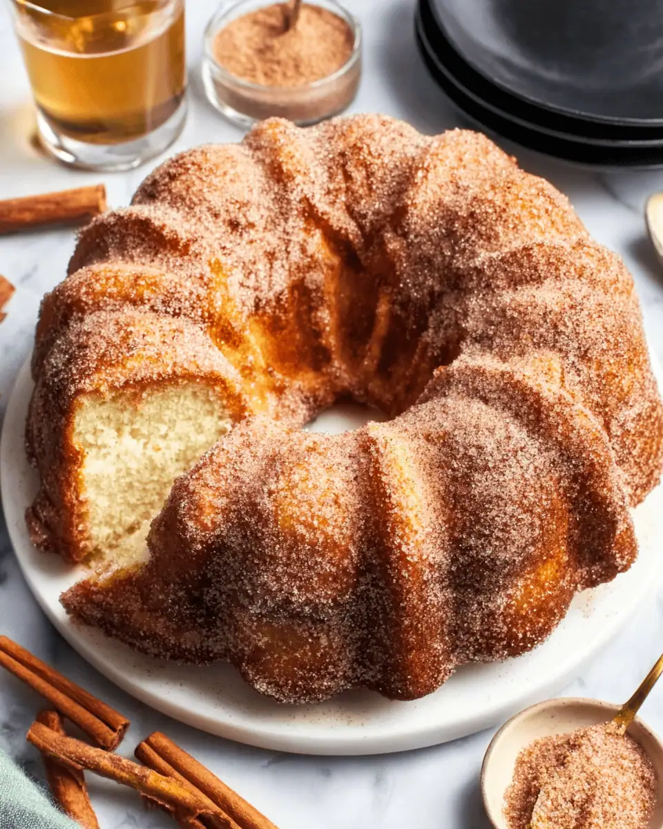A whole, golden-brown apple cider doughnut bundt cake, covered in cinnamon-sugar, on a white cake stand.