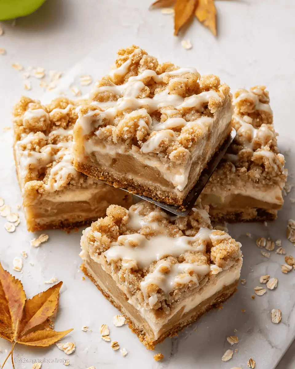 A 9x9 pan of baked apple cheesecake bars, showing the golden oat crumble topping and maple glaze.