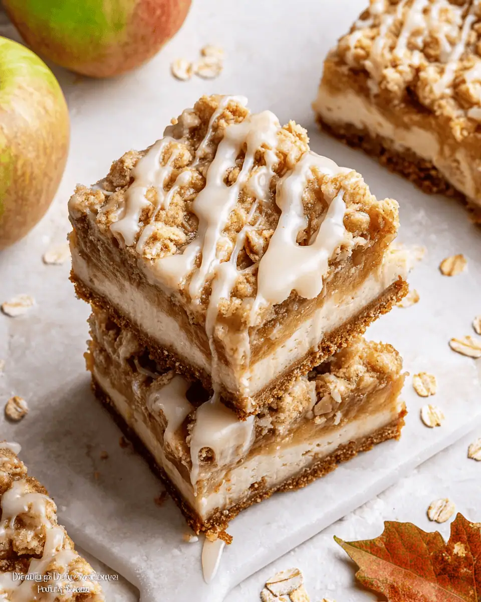 An overhead shot of an apple cheesecake bar on a plate, with a fork taking a bite.