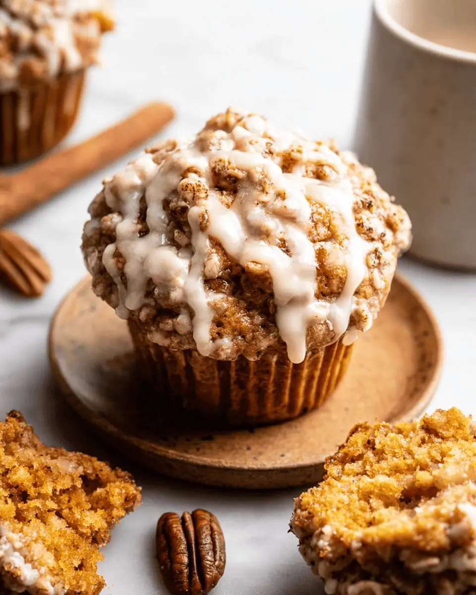 The Best Bakery-Style Pumpkin Streusel Muffins (Maple Glaze!) 2 A pumpkin streusel muffin broken in half, revealing the moist, orange-tinted crumb and tender texture.