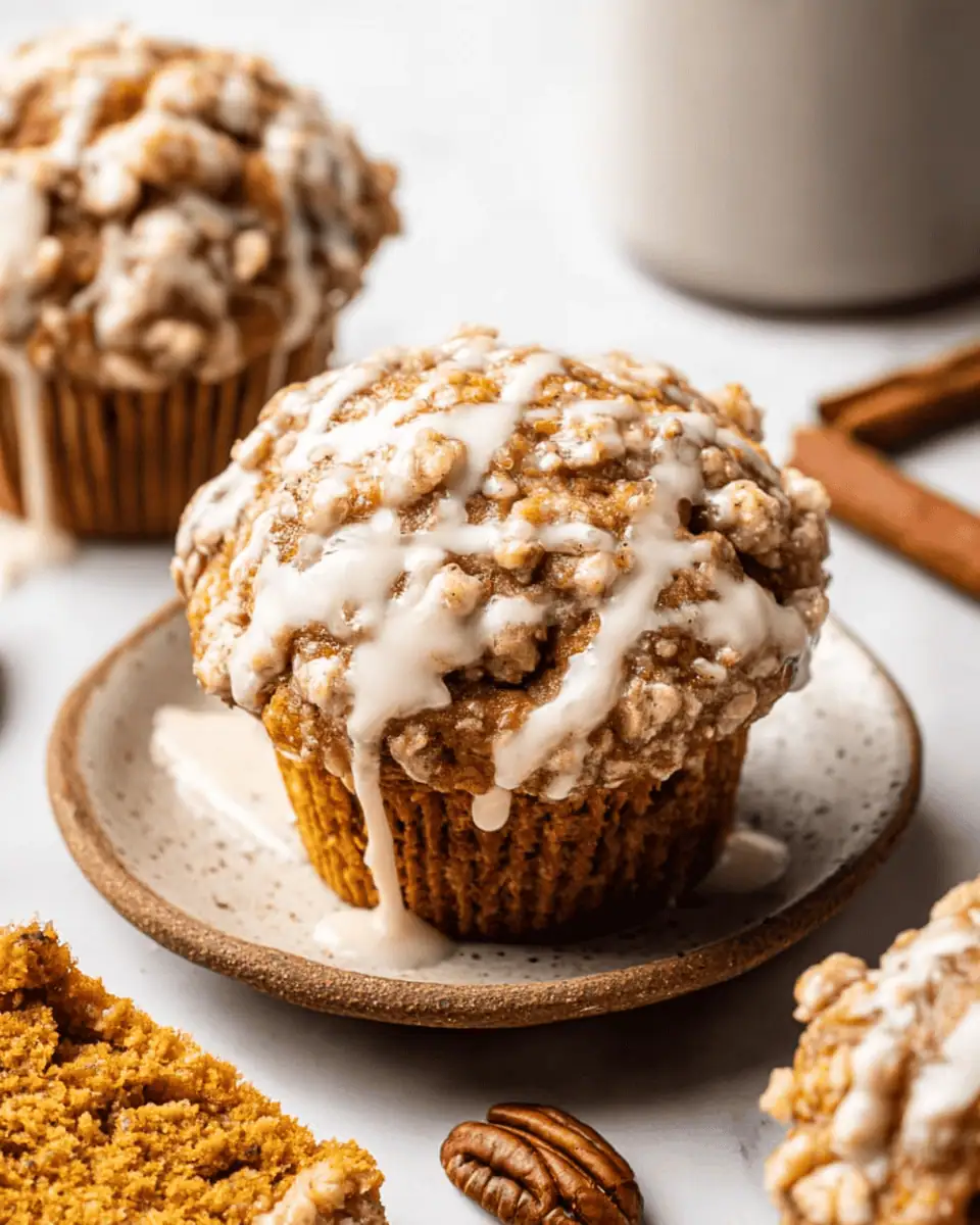 The Best Bakery-Style Pumpkin Streusel Muffins (Maple Glaze!) 4 A close-up of a single pumpkin streusel muffin, showing the crunchy oat topping and thick glaze.