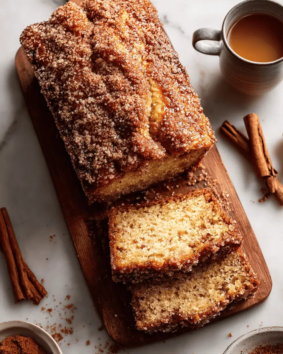 Spiced Apple Cider Donut Loaf (Cinnamon Sugar Crust!) 3 A thick slice of apple cider donut loaf on a white plate, showing the moist, tender crumb.