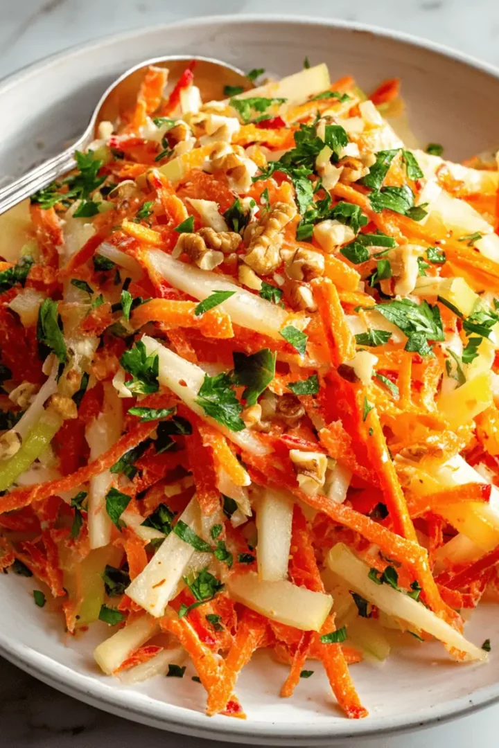 Easy Creamy Carrot Apple Salad (Quick Recipe!) 9 A large white serving bowl filled with creamy, shredded carrot apple salad, garnished with fresh parsley.