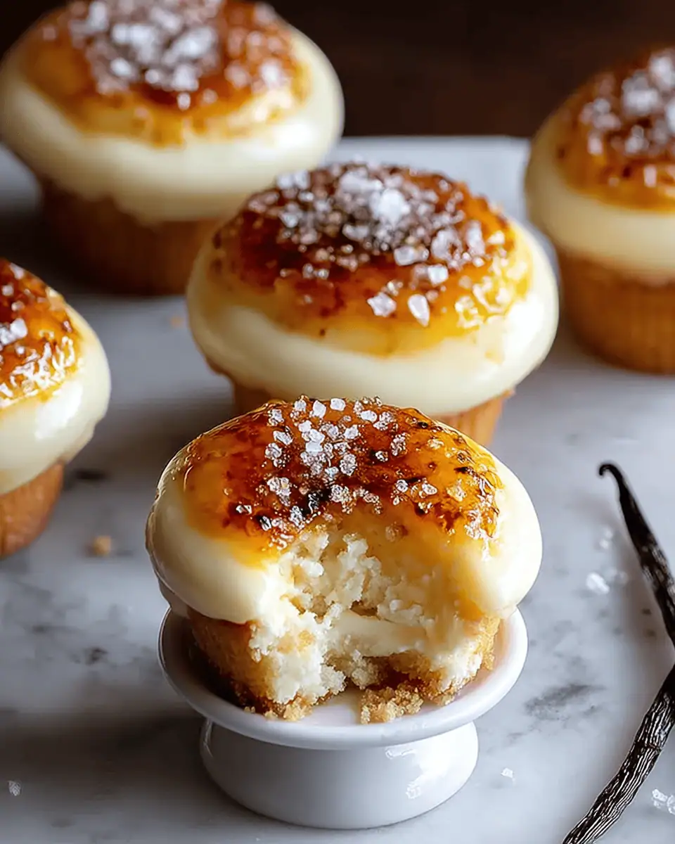 Vanilla Bean Crème Brûlée Cheesecake Cupcakes (The Ultimate Dessert!) 2 A close-up of a single crème brûlée cheesecake cupcake, showing the creamy filling and glassy top.