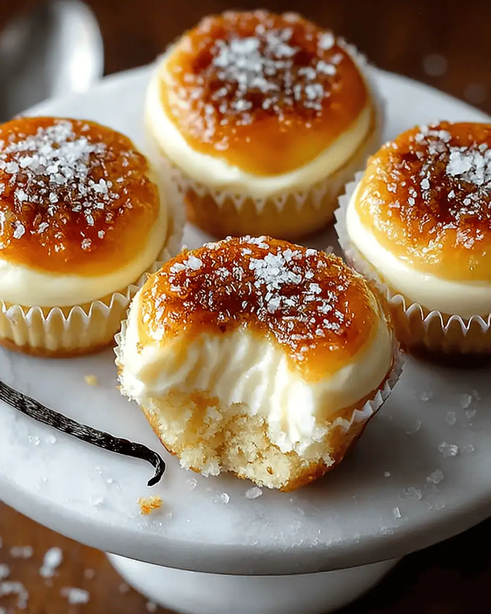 Vanilla Bean Crème Brûlée Cheesecake Cupcakes (The Ultimate Dessert!) 1 A platter of finished crème brûlée cheesecake cupcakes with golden, crackly sugar crusts.