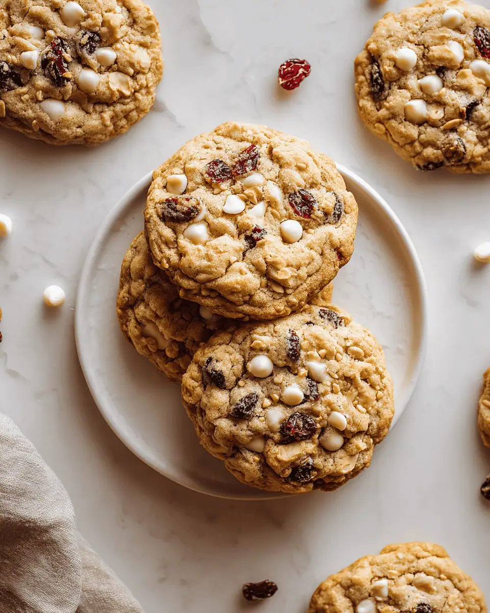 The Best Chewy White Chocolate Cranberry Oatmeal Cookies 1 A tall stack of chewy white chocolate cranberry oatmeal cookies on a small white plate.