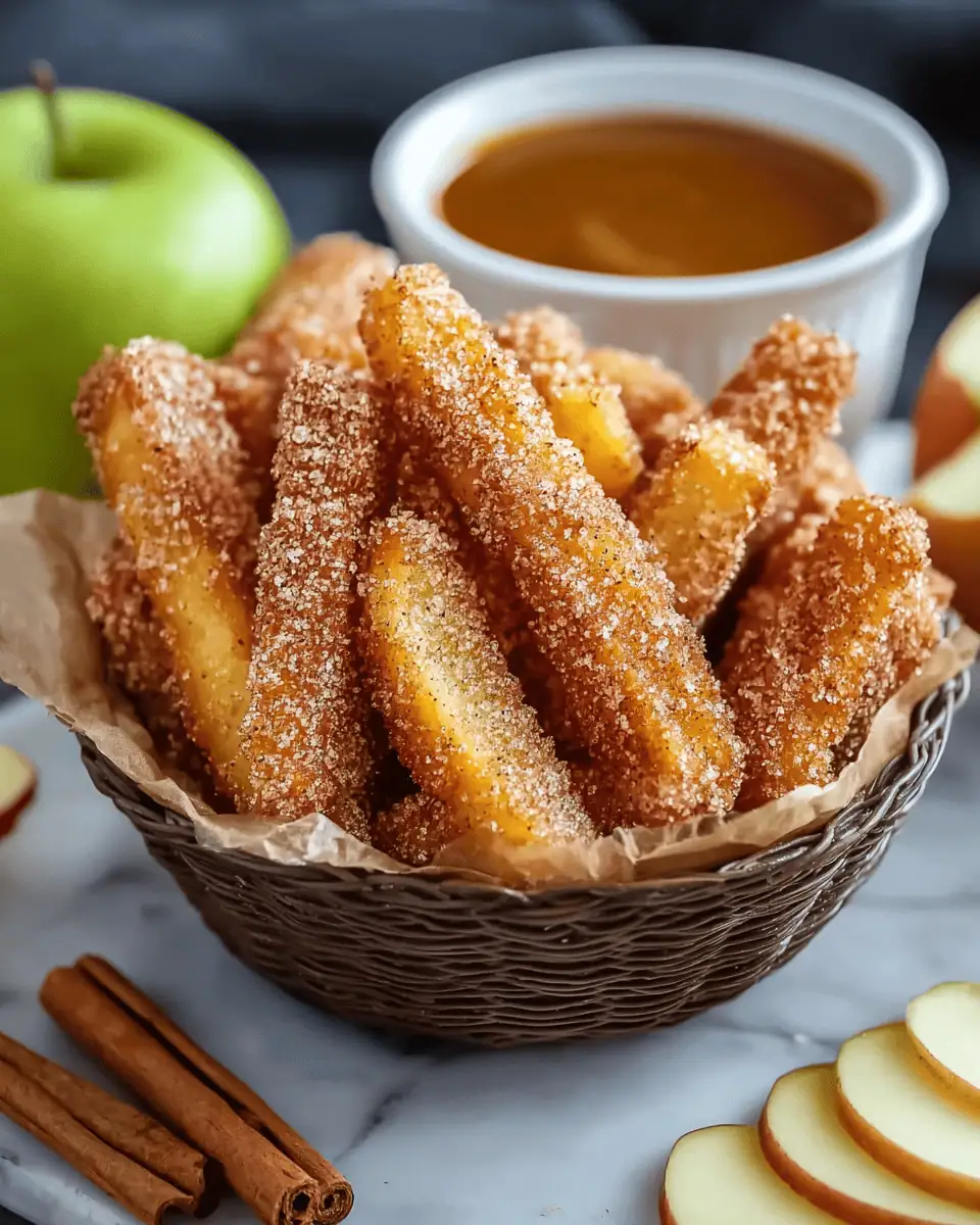 Crispy Air Fryer Apple Fries (with Cinnamon Sugar!) 1 A white bowl filled with golden-brown, crispy air fryer apple fries, generously dusted with cinnamon sugar.