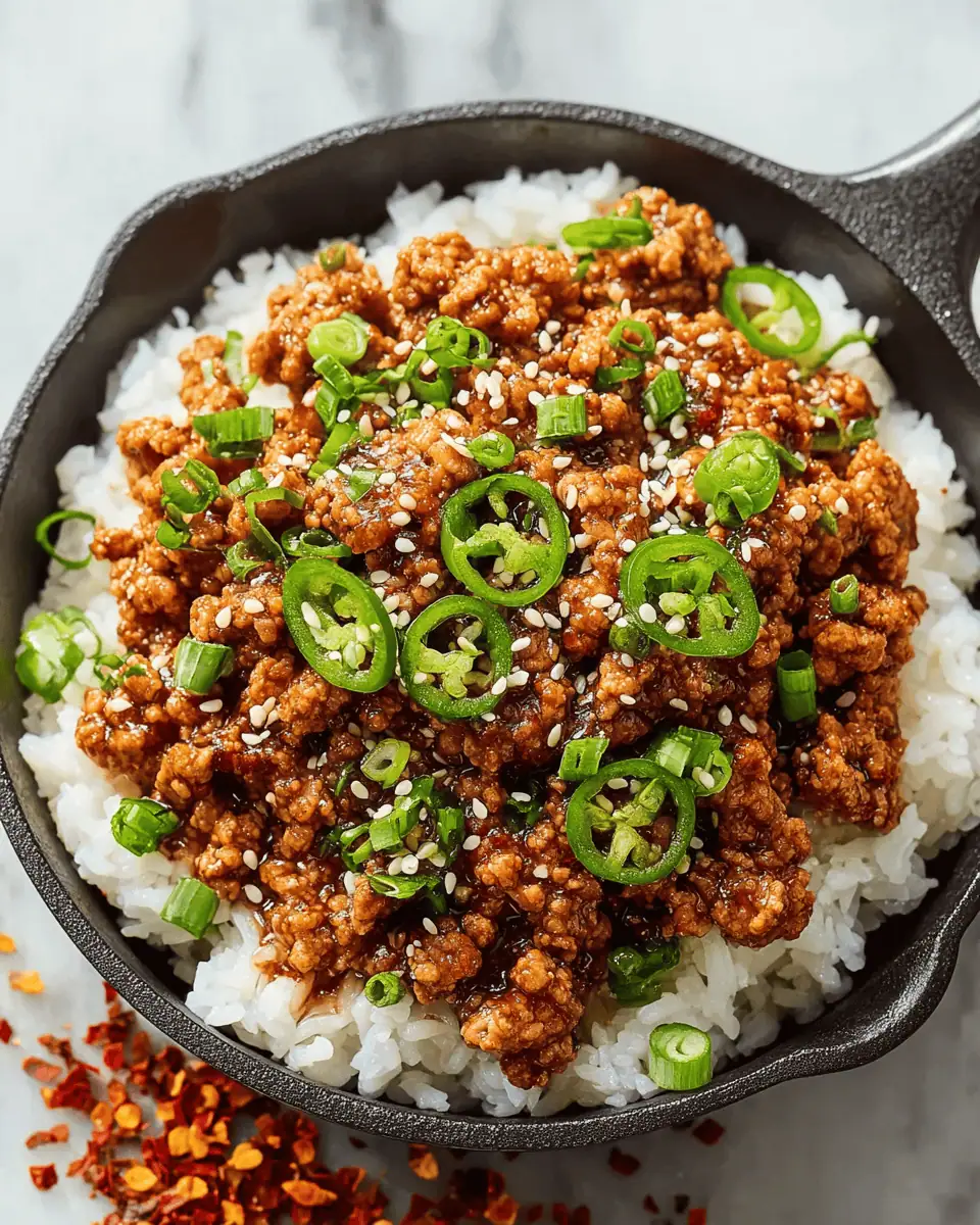 A cast-iron skillet filled with glossy, glazed honey garlic ground turkey, garnished with sliced green onions.