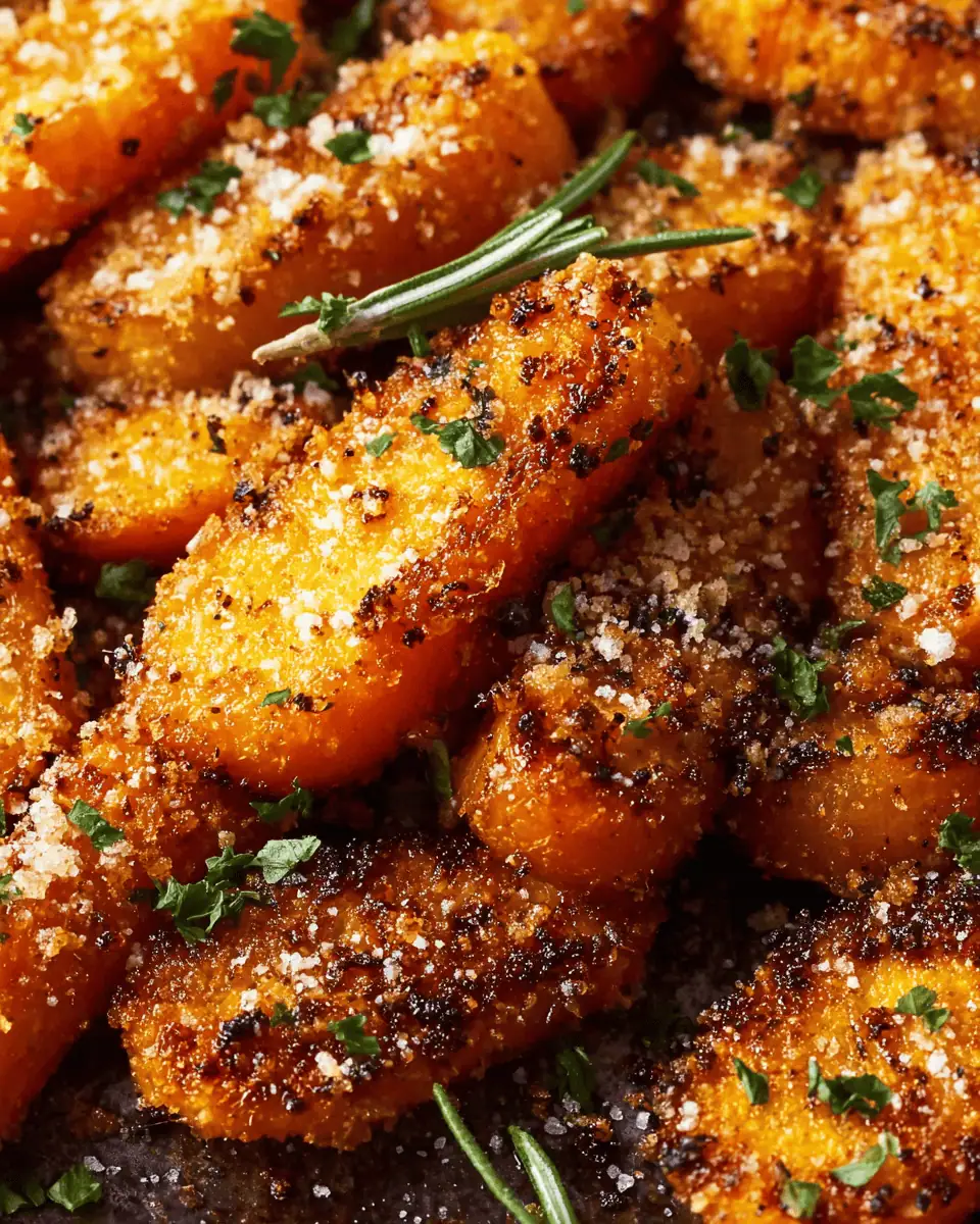 A baking sheet of golden-brown, crispy smashed carrots, crusted with Parmesan and herbs.