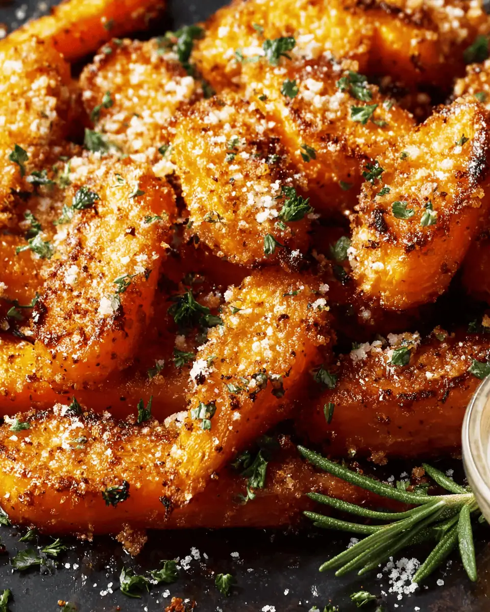A white serving bowl filled with crispy smashed carrots, garnished with fresh parsley.