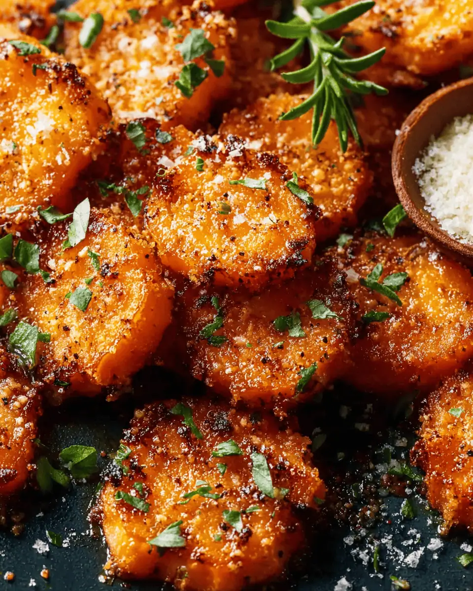 A close-up of a few smashed carrots, showing the crispy, caramelized Parmesan edges and tender center.