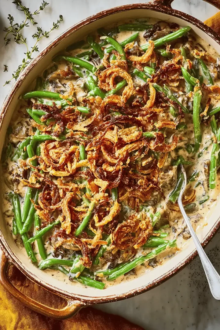 The Ultimate Homemade Green Bean Casserole (From Scratch!) 5 A single serving of homemade green bean casserole on a white plate, ready for a Thanksgiving dinner.