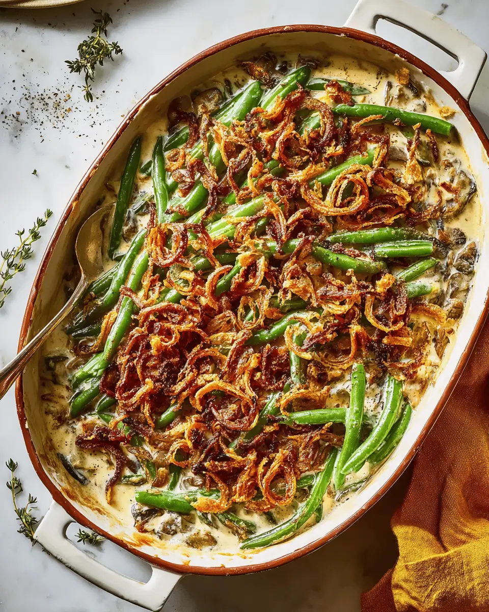 A serving spoon lifting a scoop of homemade green bean casserole, showing the creamy sauce and bright green beans.