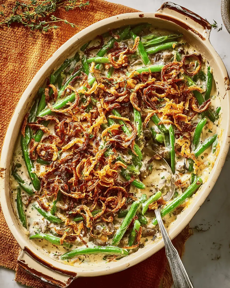 A 9x13 glass baking dish of creamy, homemade green bean casserole, topped with a thick layer of crispy shallots.