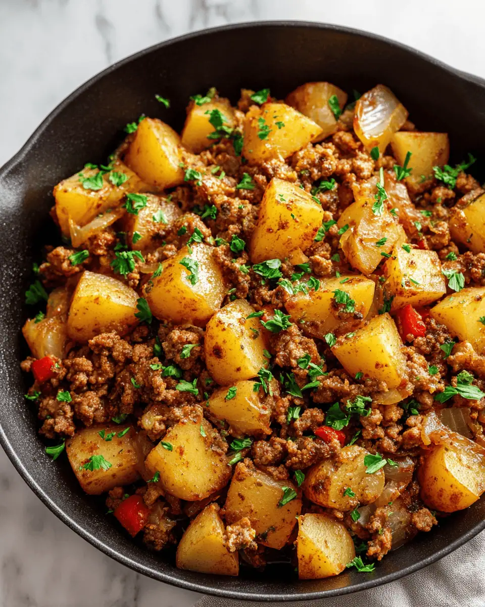 Easy Ground Turkey and Potato Skillet (30-Minute Meal!) 1 A close-up spoonful of the ground turkey and potato skillet, showing tender potatoes and browned turkey.